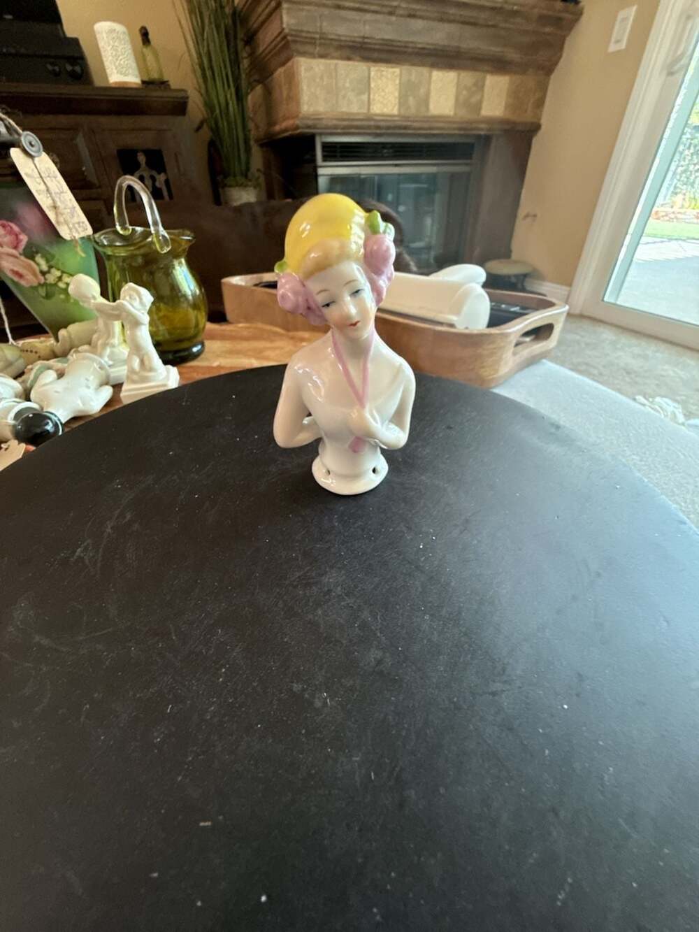 Antique German Porcelain Half Doll Pin Cushion Bust Yellow Hat Roses 5160